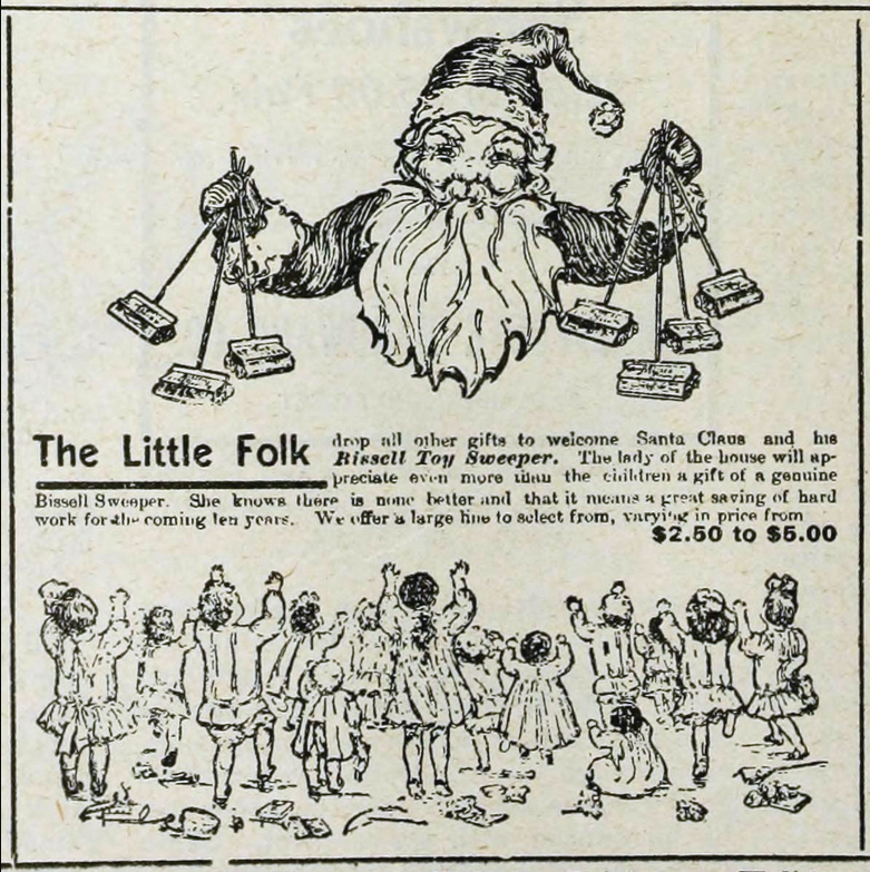 Santa holding toy sweepers with children and ad text below
