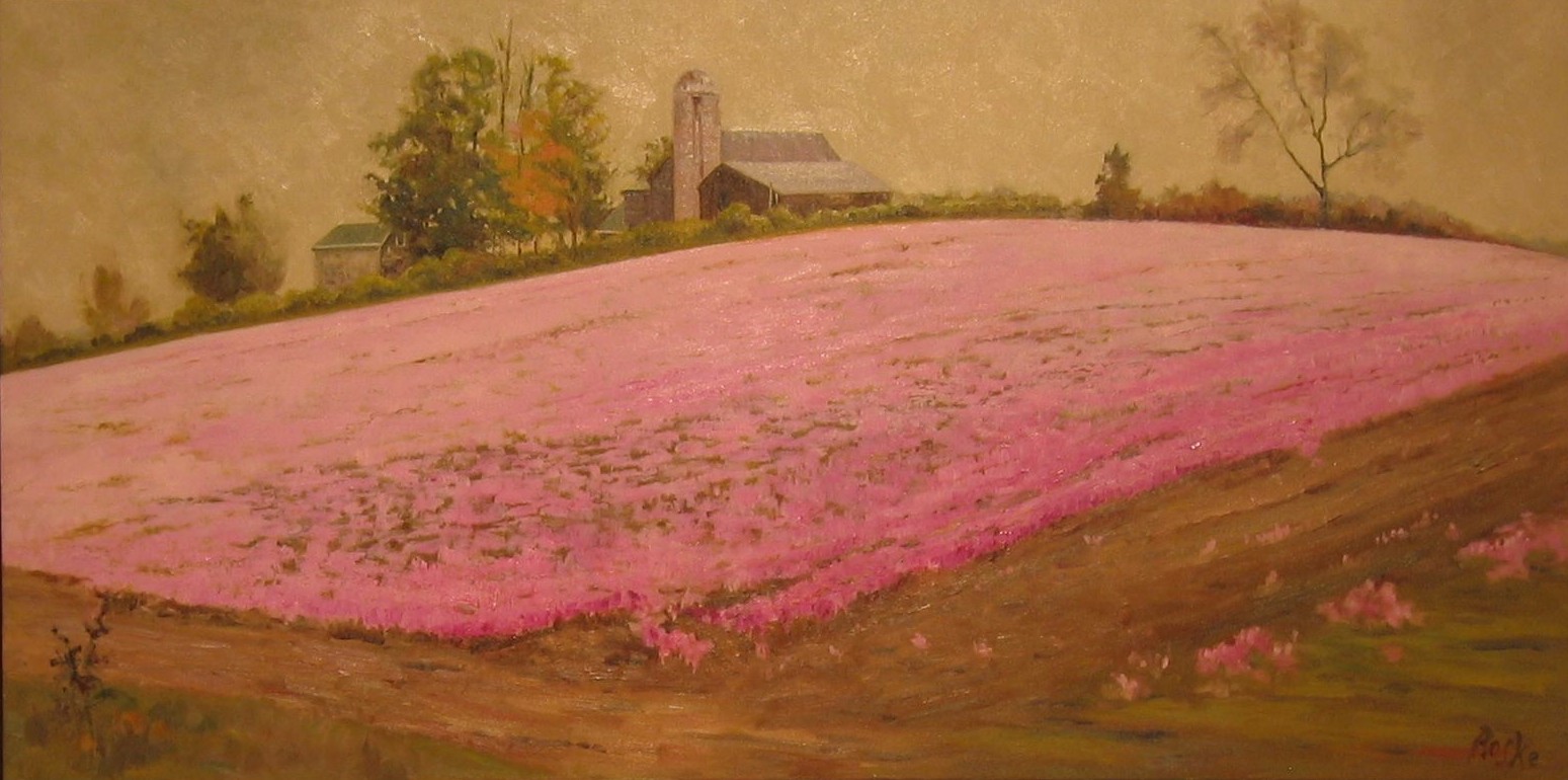 Painting of a barn behind a field of cattle