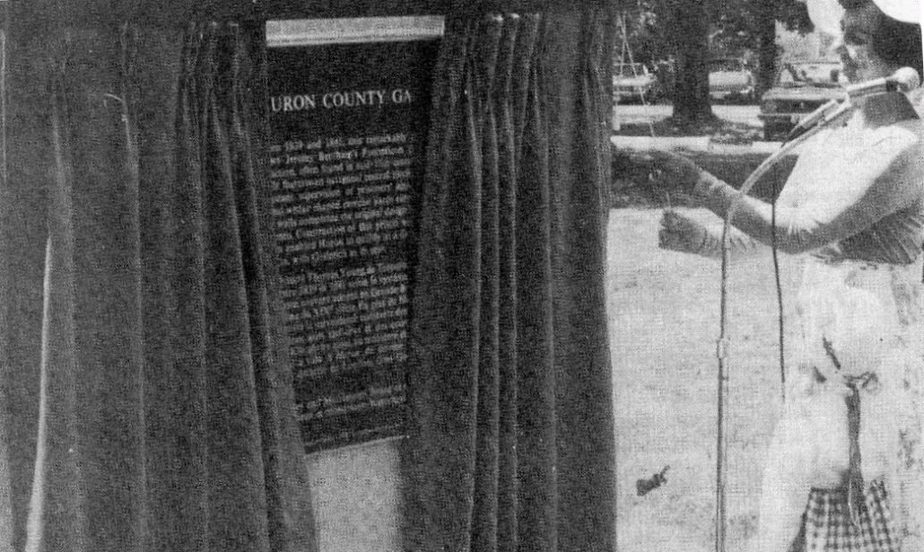 Newspaper clipping unveiling plaque commemorating Huron Historic Gaol becoming a National Historic Site