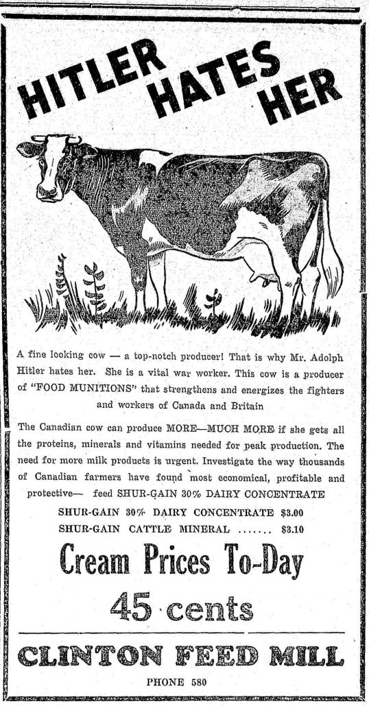 Newspaper clipping. Clinton Feed Mill advertisement. Image of a cow with slogan "Hitler hates her."