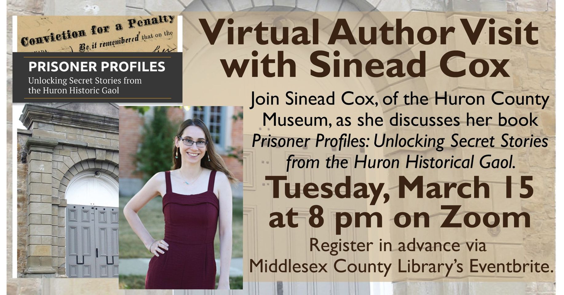 Photos of Prisoner Profiles book and Sinead Cox with text promoting author talk