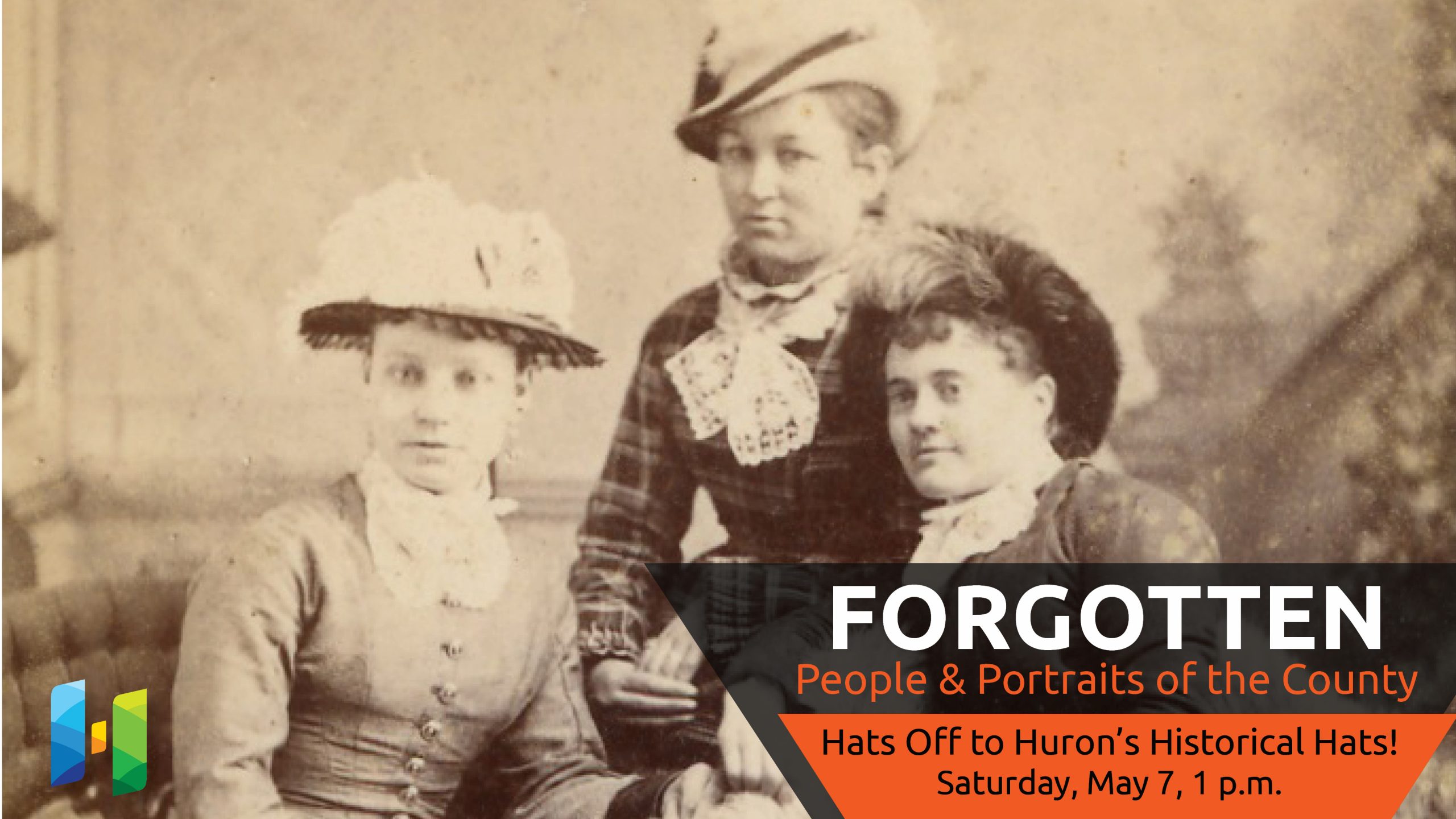 Historic image of three women wearing hats, with text promoting workshop
