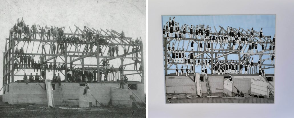 Historic image of barn raising with illustration beside