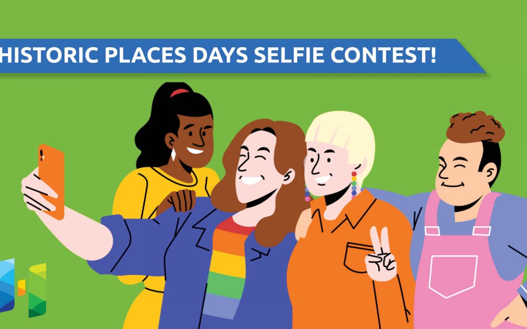 Illustration of a group of people taking a selfie with a cell phone