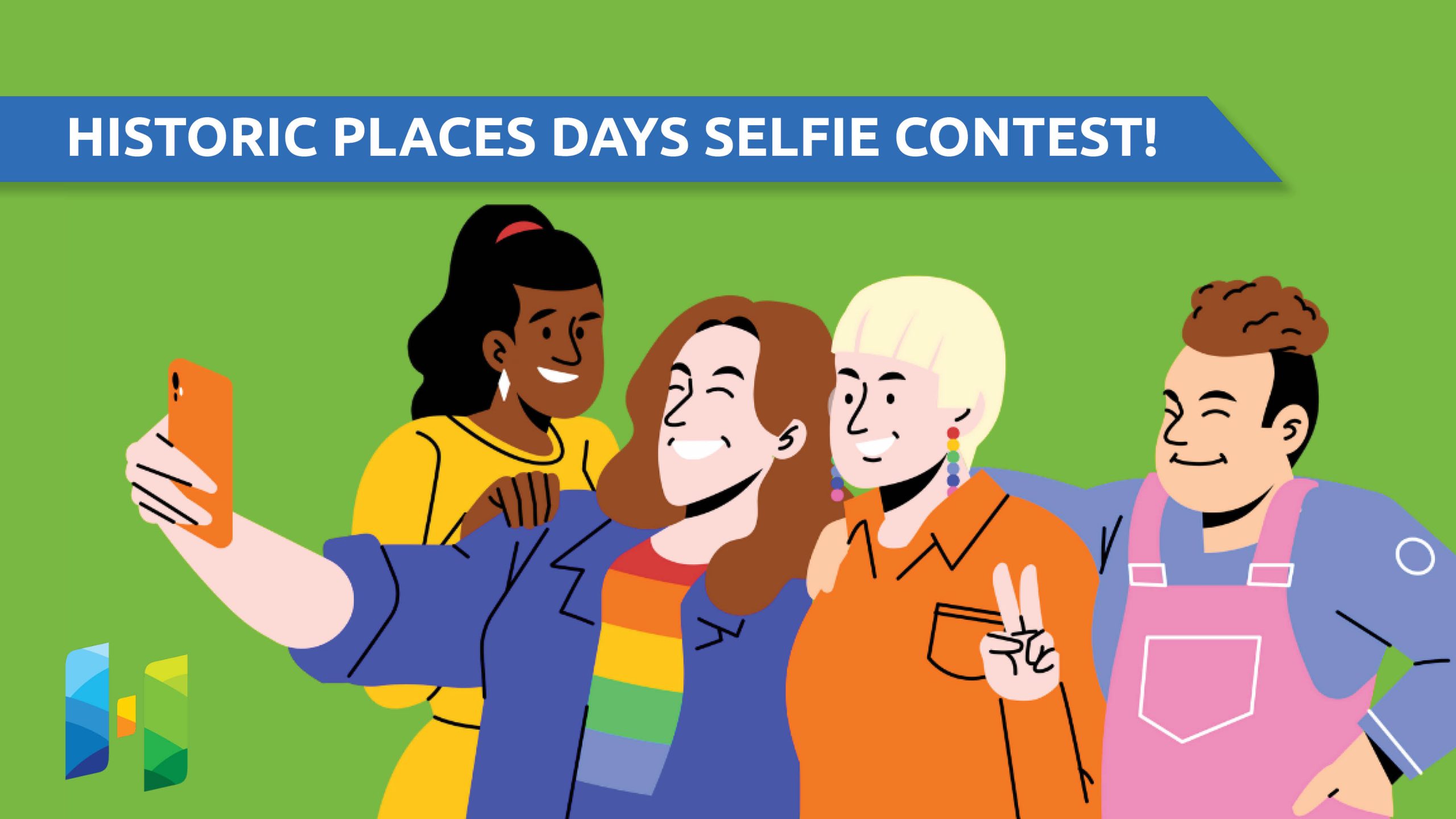 Illustration of a group of people taking a selfie with a cell phone
