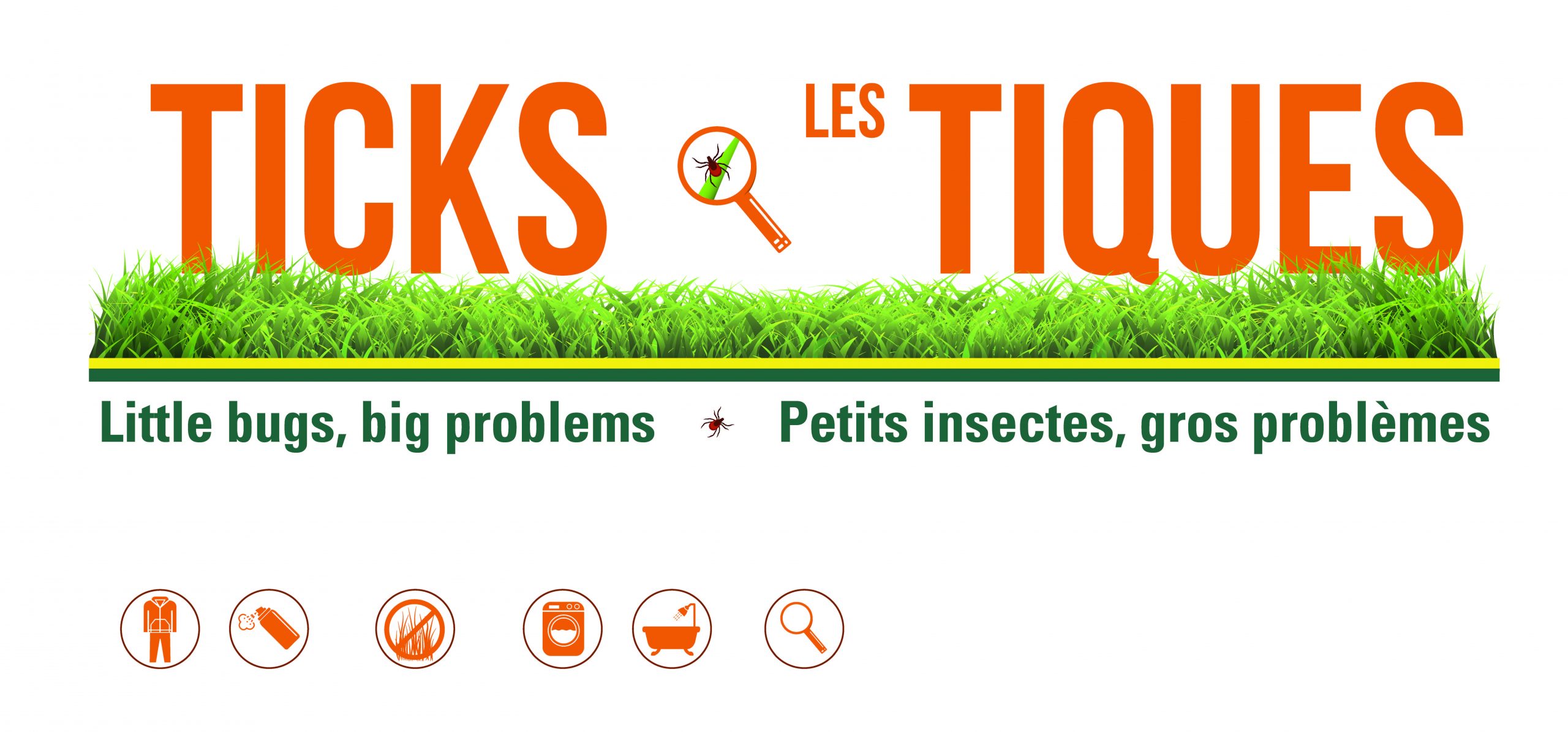 Illustration of a tick and grass with text Ticks Little Bugs, Big Problems