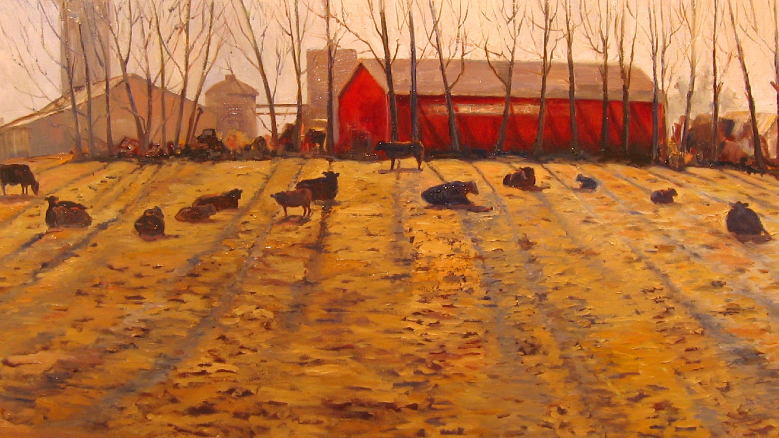 Painting of a barn behind a field of cattle