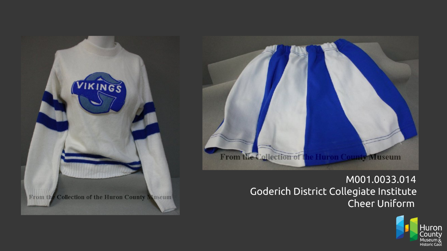 Two images of a top and skirt from a Goderich District Collegiate Institute cheerleader uniform