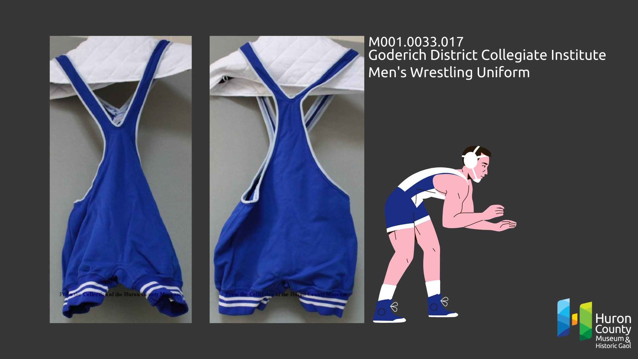 Two images of a Goderich District Collegiate Institute wrestling uniform with an illustration of a wrestler