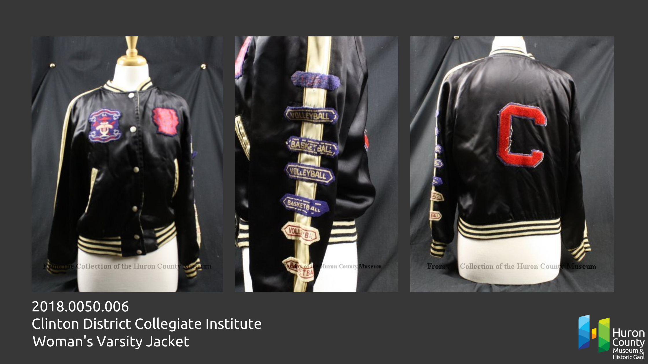 Three images showing different views of a Clinton District Collegiate women's varsity jacket from 1956