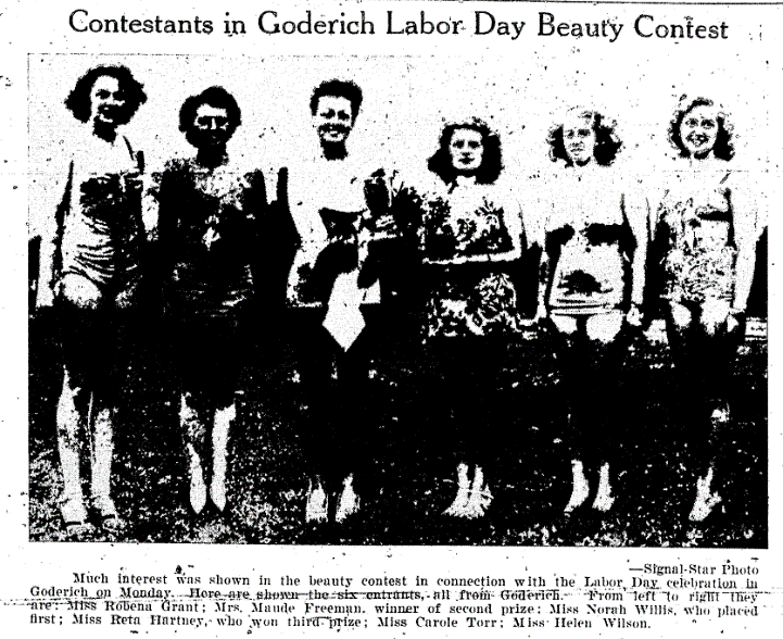 Image from the digitized newspaper collection showing the contestants in the Goderich Labour Day Beauty Contest