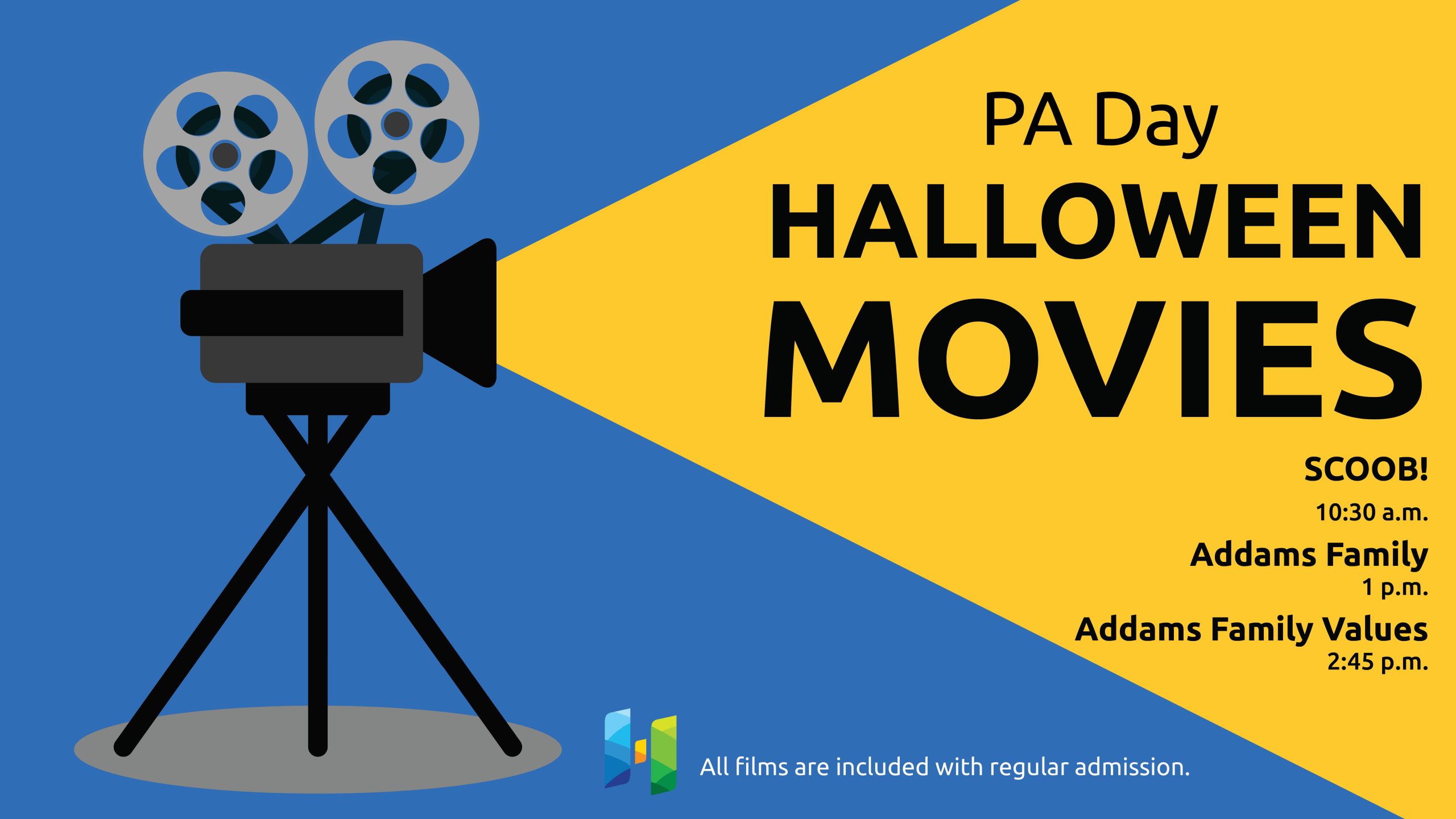 Illustration of a movie projector with text promoting Halloween movies