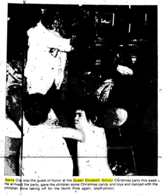 huron hope school 2 Newspaper clipping of a student from Queen Elizabeth School meeting Santa