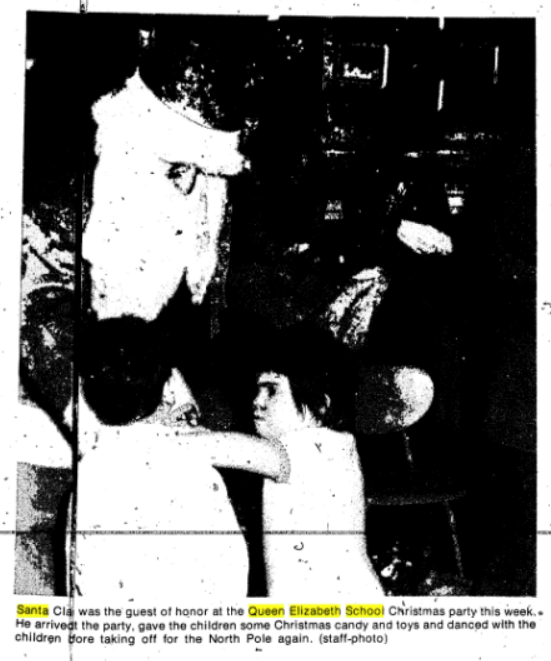 Newspaper clipping of a student from Queen Elizabeth School meeting Santa