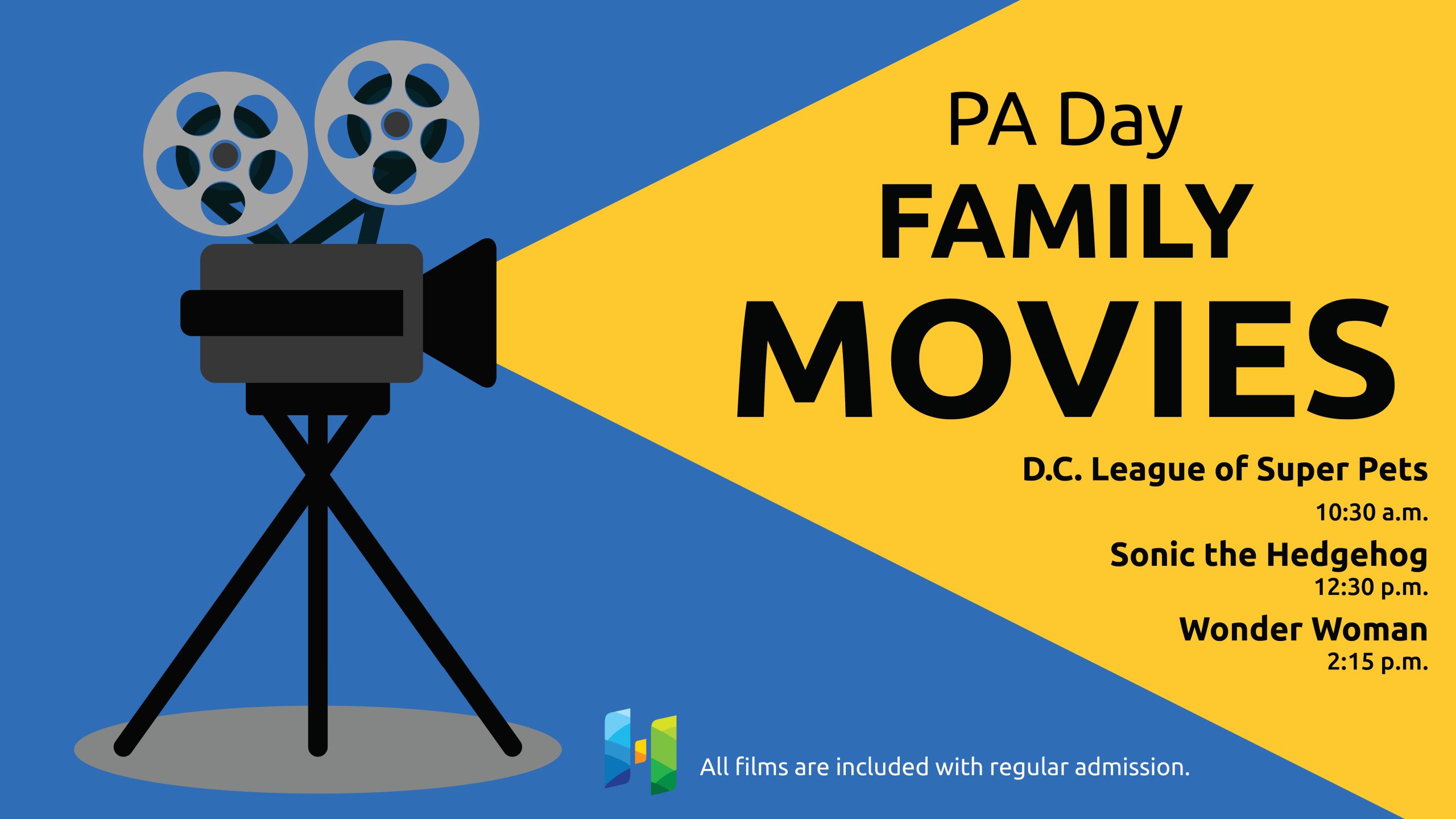 Illustration of a movie projector with text promoting family movies