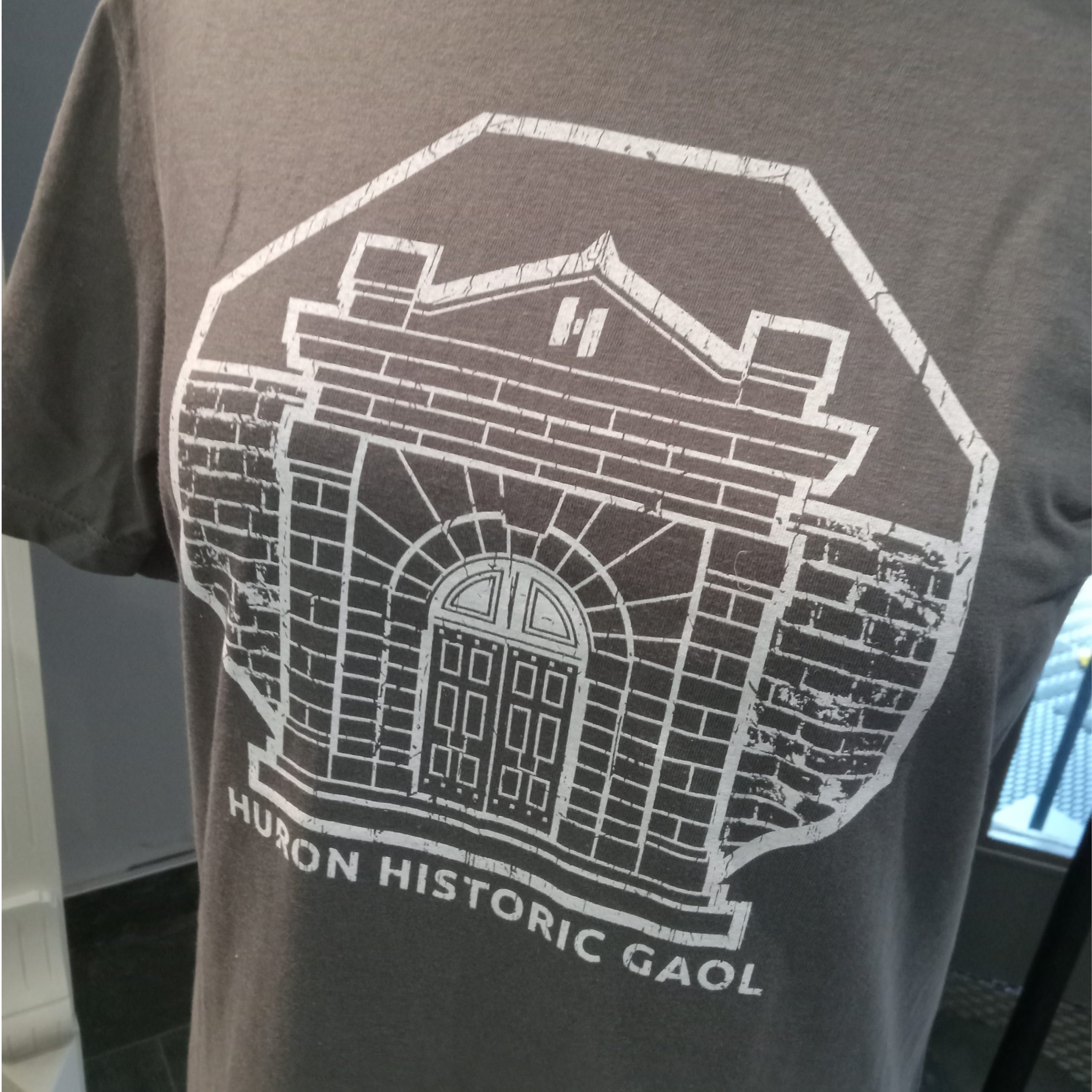 Image of Huron Historic Gaol t-shirt with illustration of Gaol front entrance