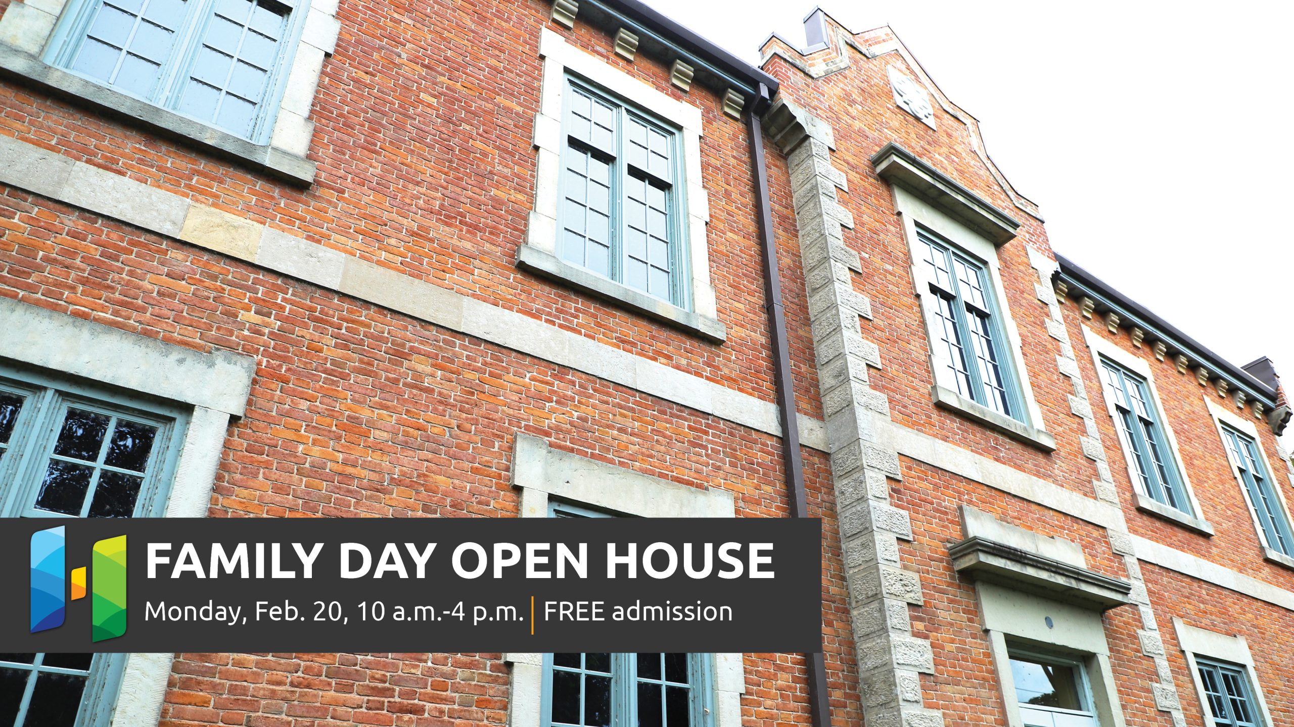 Photo of the exterior of the Huron County Museum with text promoting Family Day Open House