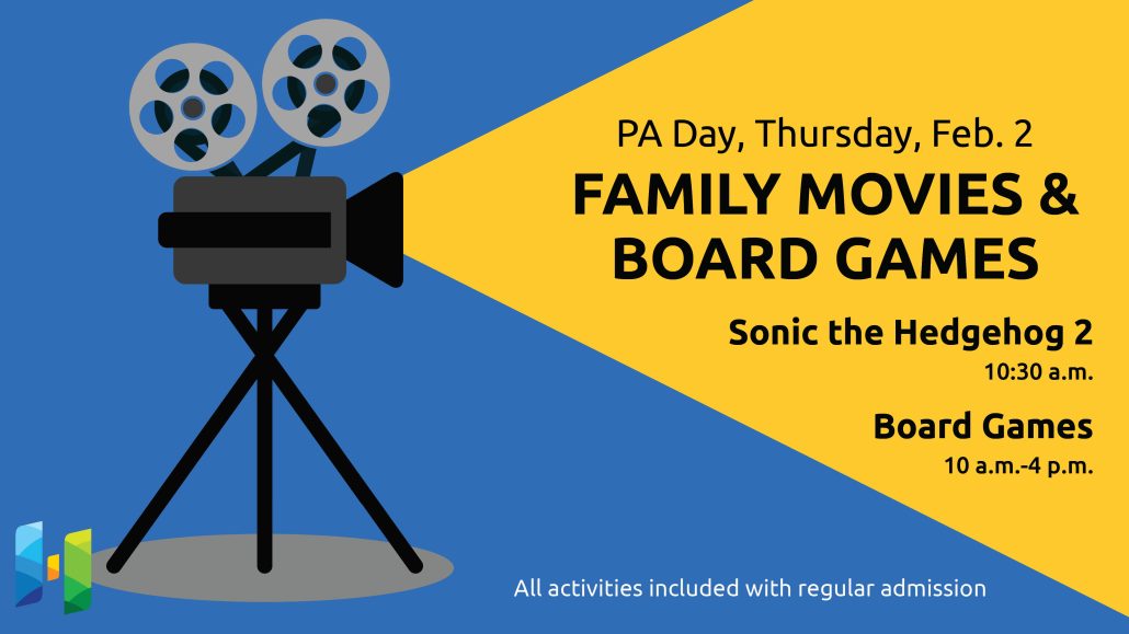 Illustration of a movie projector with text promoting PA Day family movie and board games