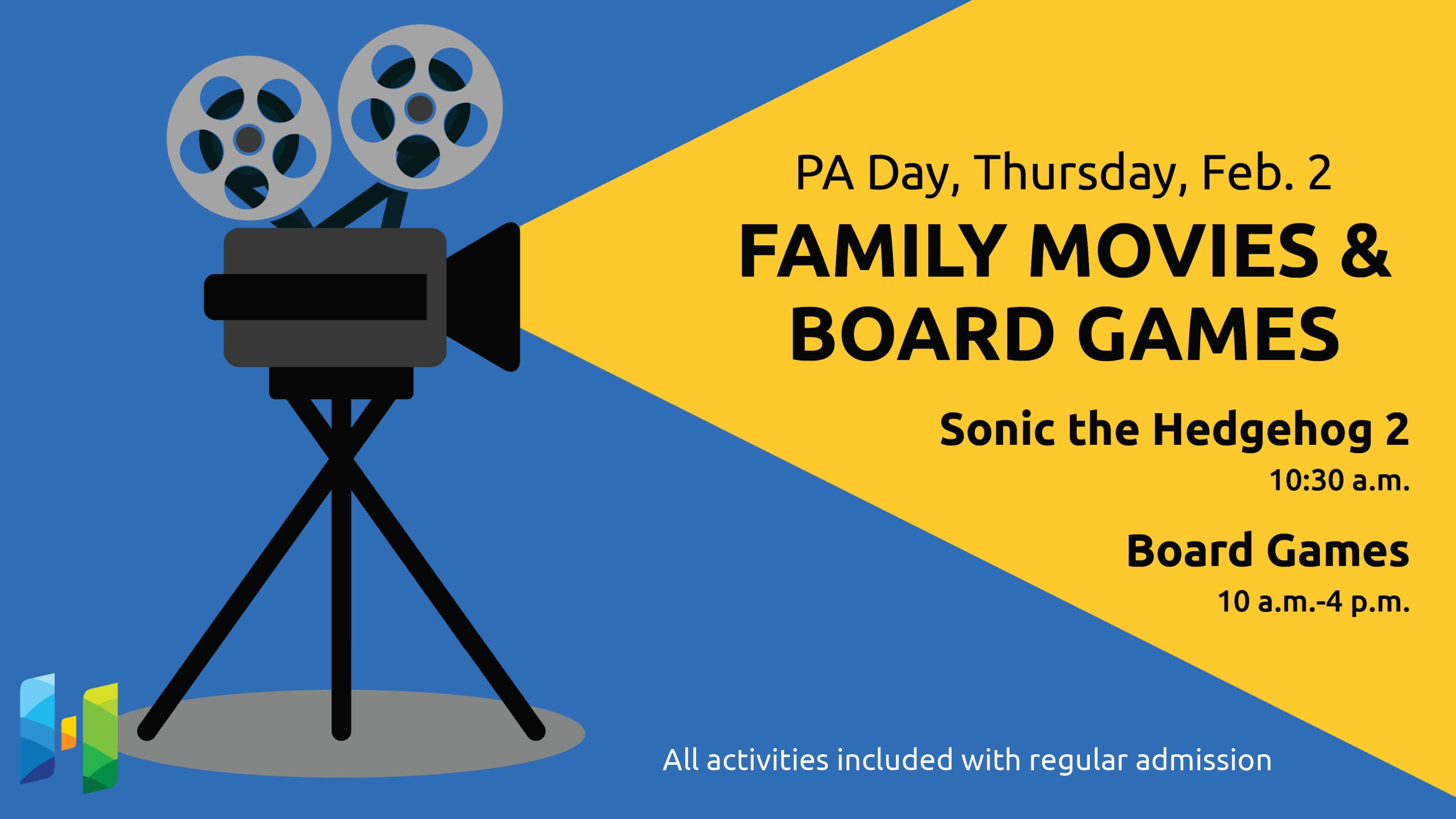 Illustration of a movie projector with text promoting PA Day family movie and board games