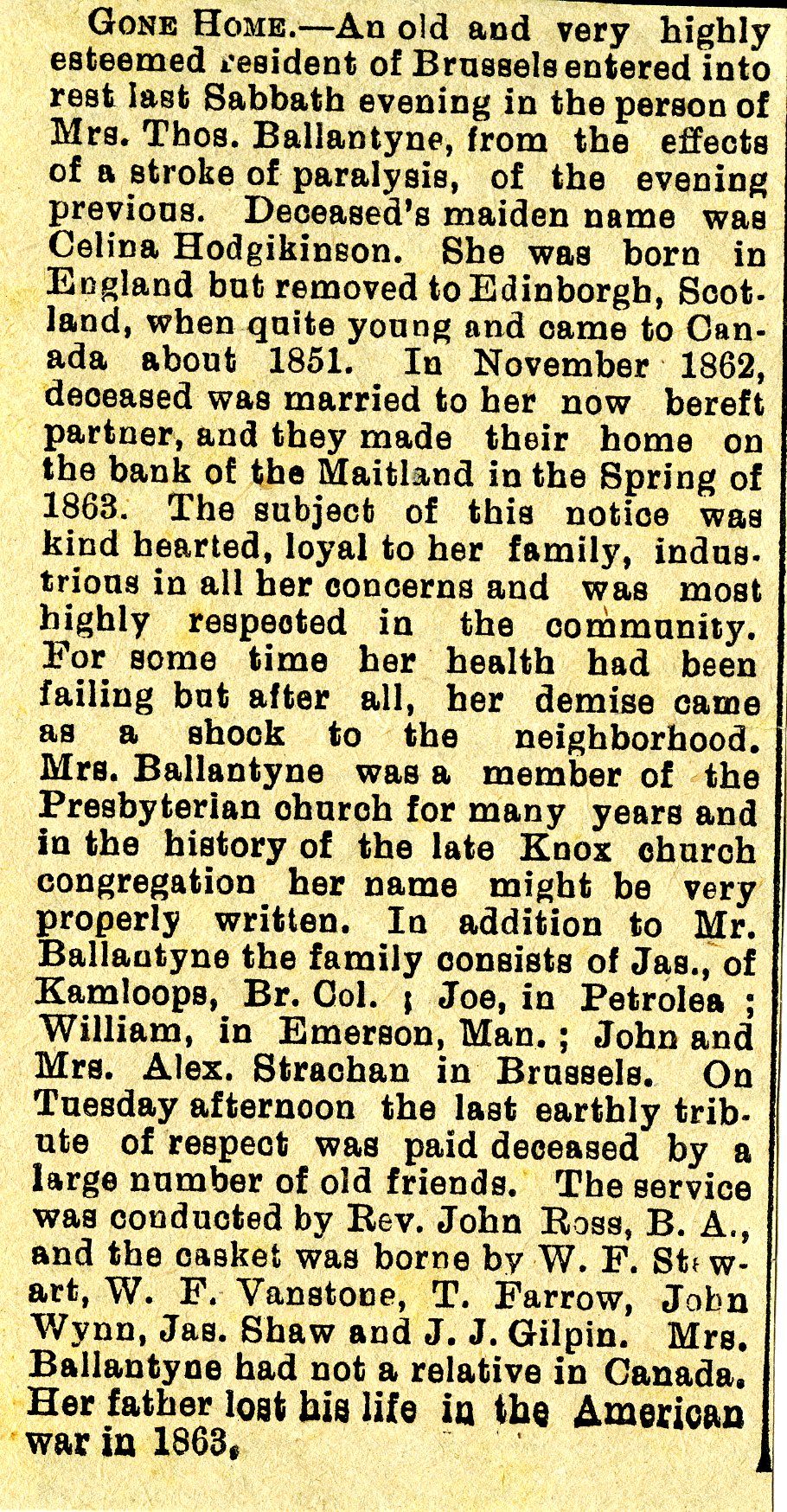 Image of a newspaper clipping of Celina Ballantyne's obituary