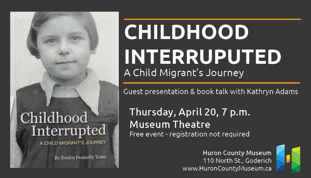 Image of the book cover Childhood Interrupted with text promoting talk at the museum on April 20.