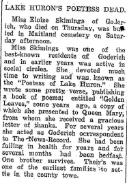 Eloise Skimings death notice as published in the Clinton News=Record, April 14, 1921