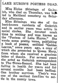 Eloise Skimings Death - Clinton News Record 1921_4_14 page 1 Eloise Skimings death notice as published in the Clinton News=Record, April 14, 1921