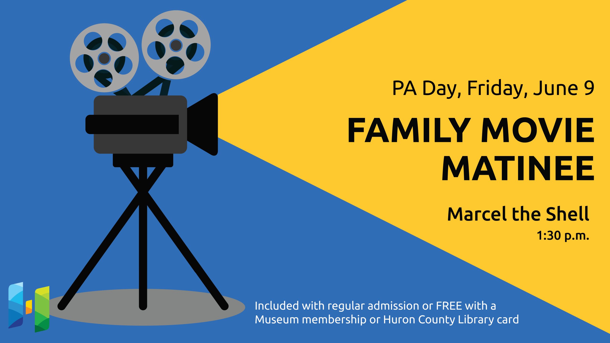Illustration of a film projector with text promoting PA Day family movie at the museum