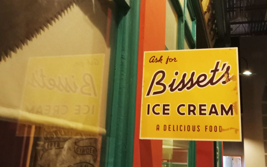 Image of the Bisset's Ice Cream sign hanging in the Museum's Main Street Huron Gallery