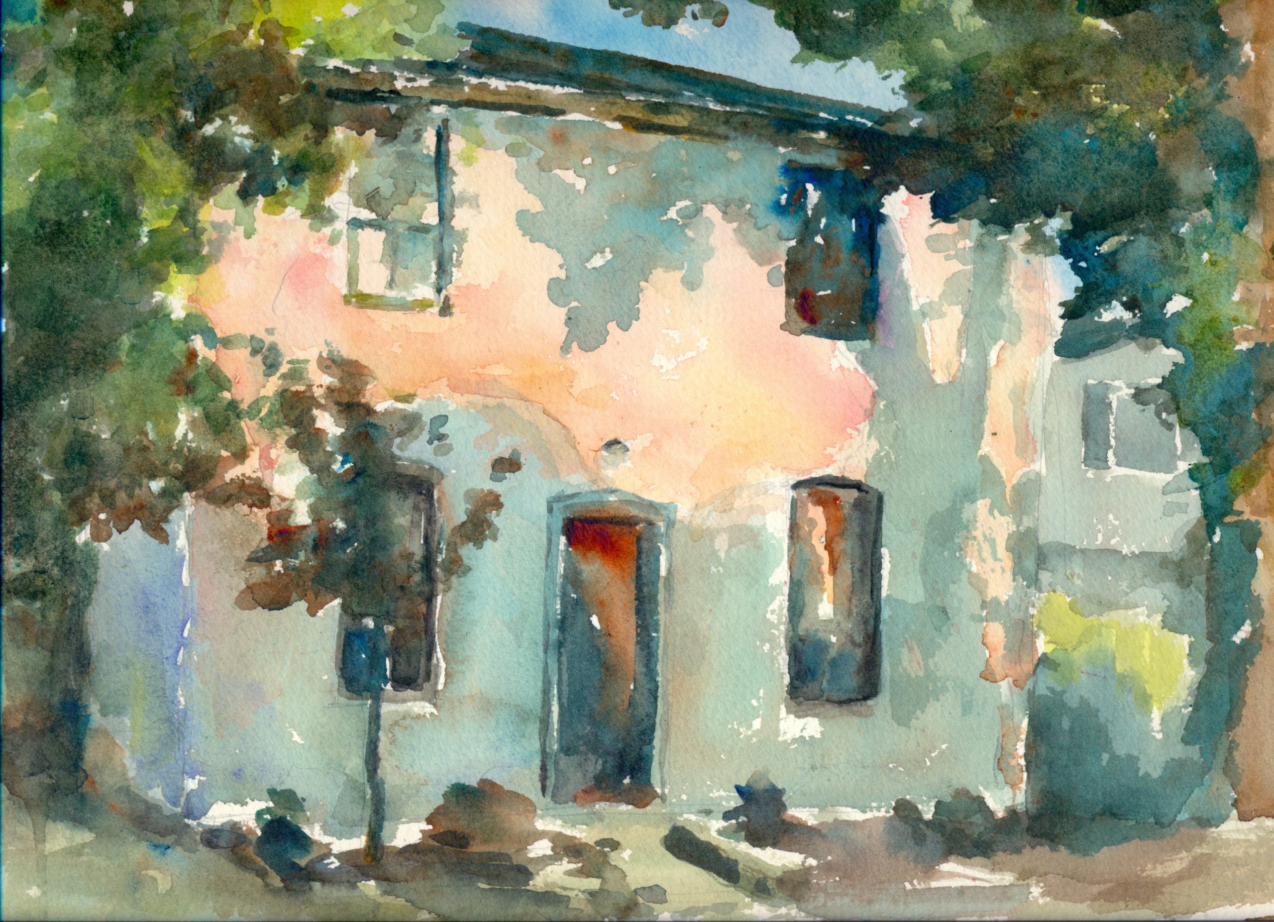 Watercolour by Michele Miller. Two story building flanked by trees.