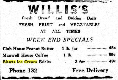 Historic newspaper advertisement for Willis's advertising Bissets Ice Cream bricks two for .49 cents