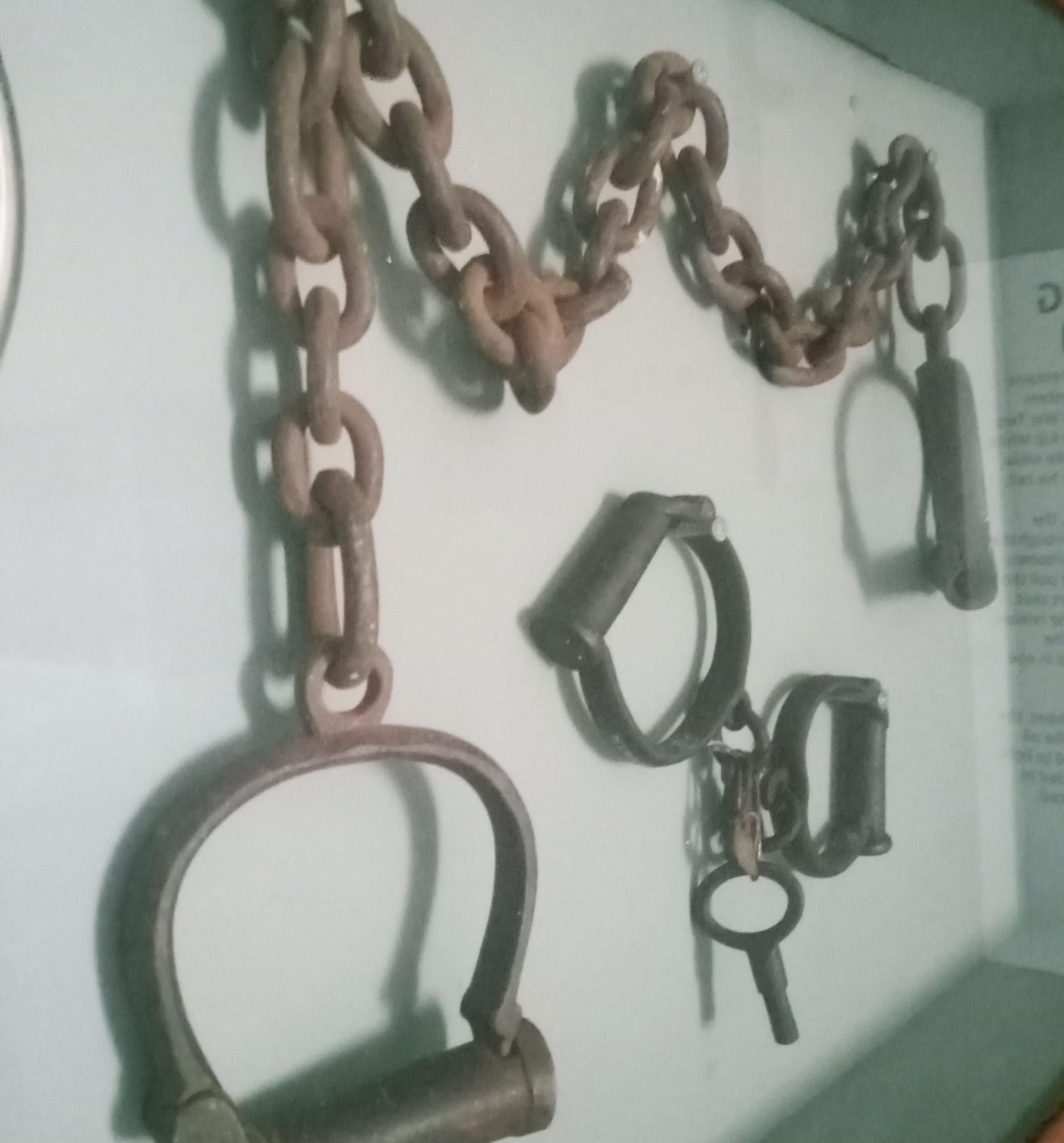 Image of keys and shackles on display at the Huron Historic Gaol 