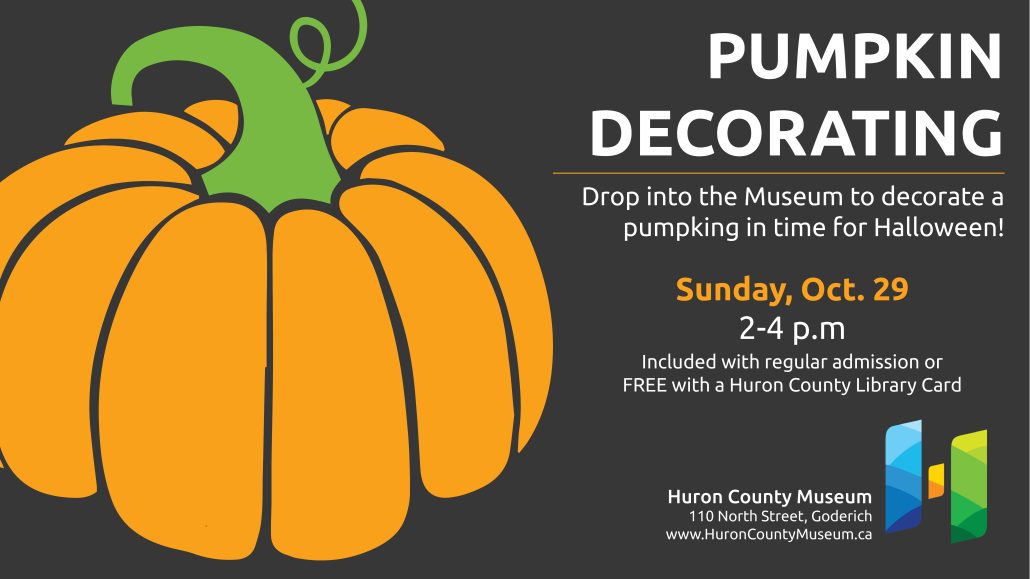 Illustration of a pumpkin with text promoting pumpkin decorating at the museum