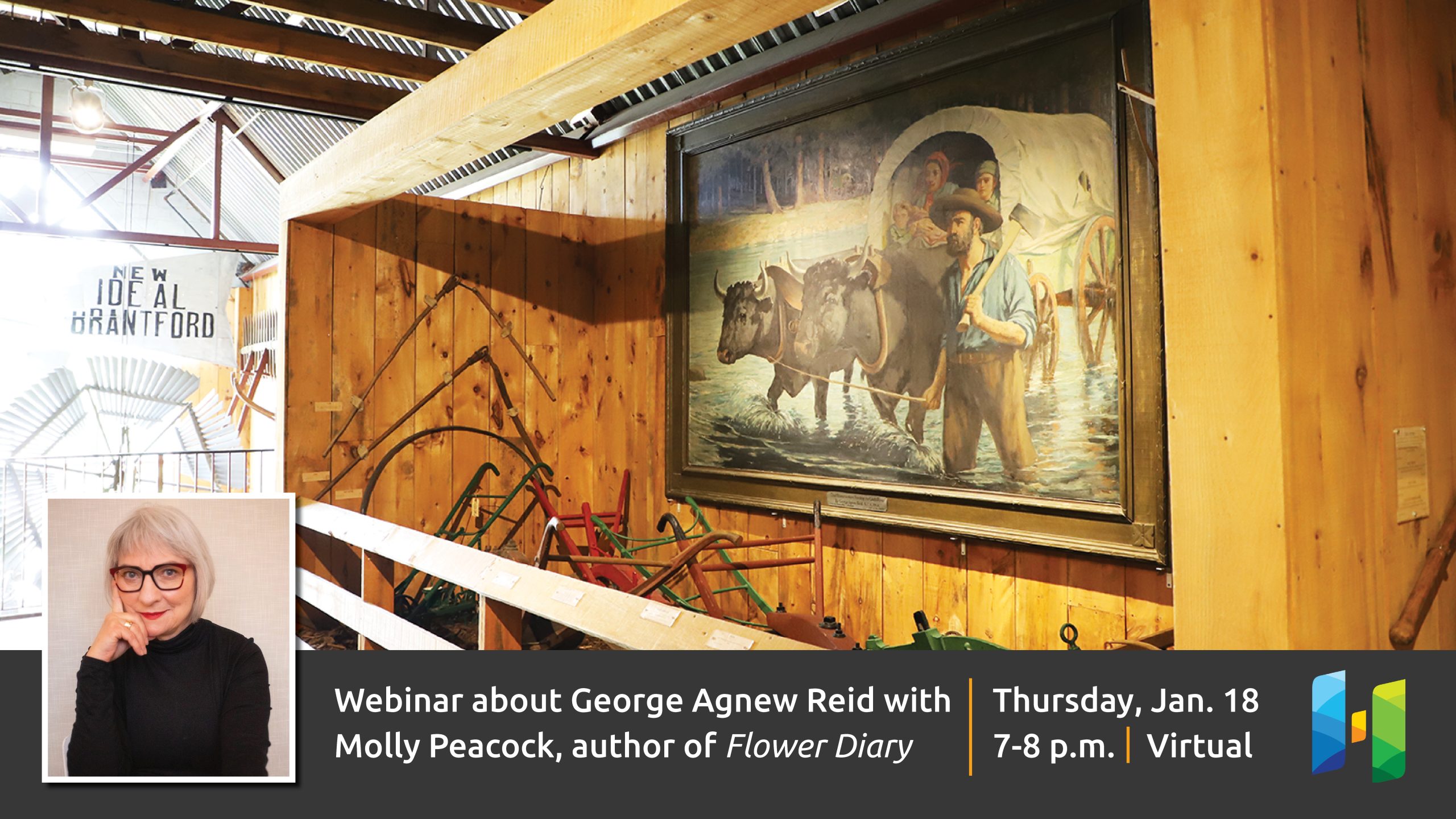 Image of Molly Peacock and George Agnew Reid painting at the Museum with text promoting virtual event