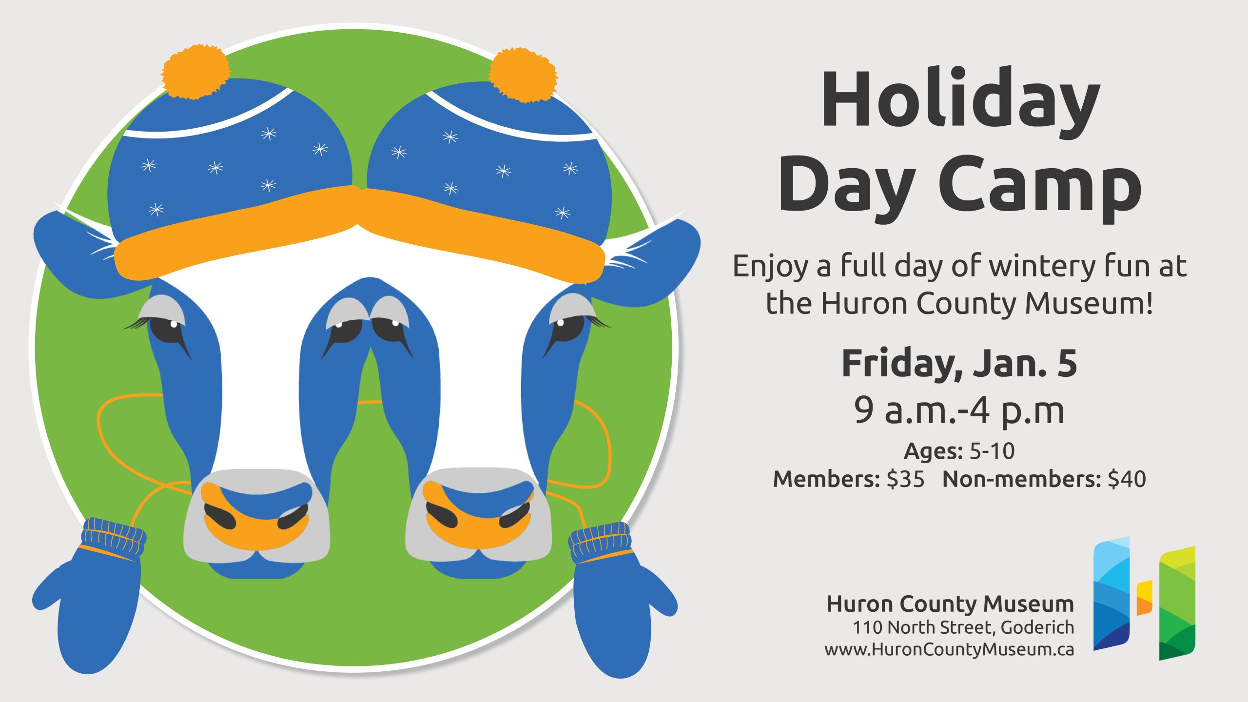 Illustration of our two-headed calf wearing winter hats and mitts with text promoting holiday day camp at the Huron County Museum