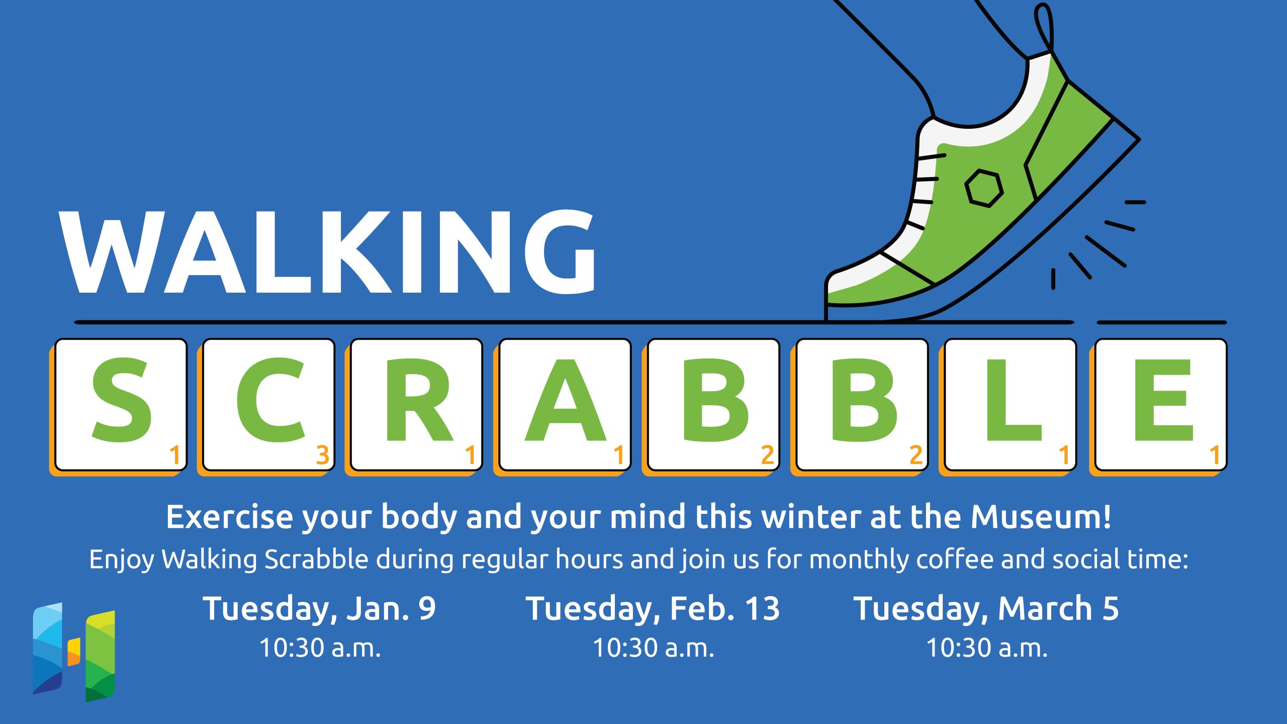 Illustration of a walking show with text promoting Walking Scrabble at the Museum
