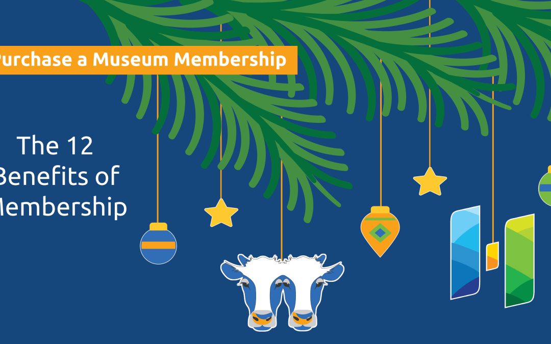 Illustration of evergreen boughs with Christmas ornaments and text promoting giving the gift of a Museum Membership this holiday season