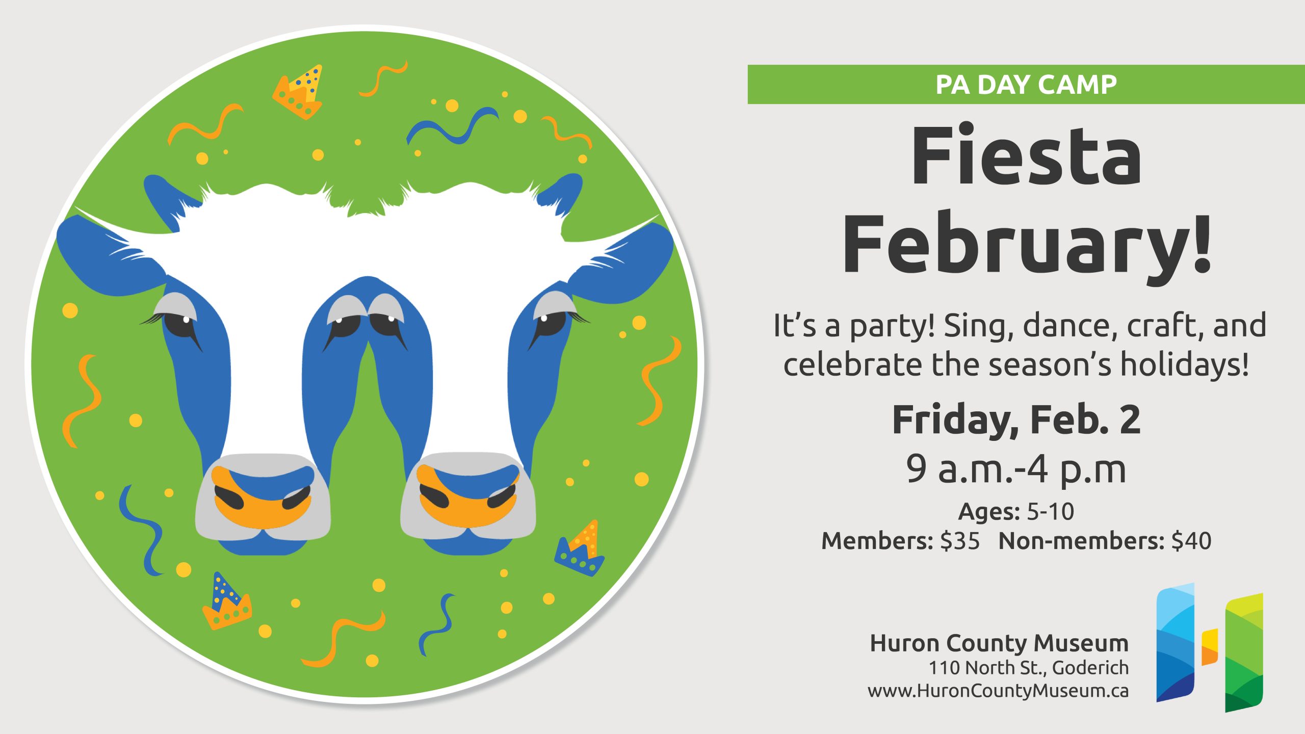 Illustration of the Museum two-headed calf with streamers and party hats around them. Text promotes PA Day Camp at the Museum Feb. 2.
