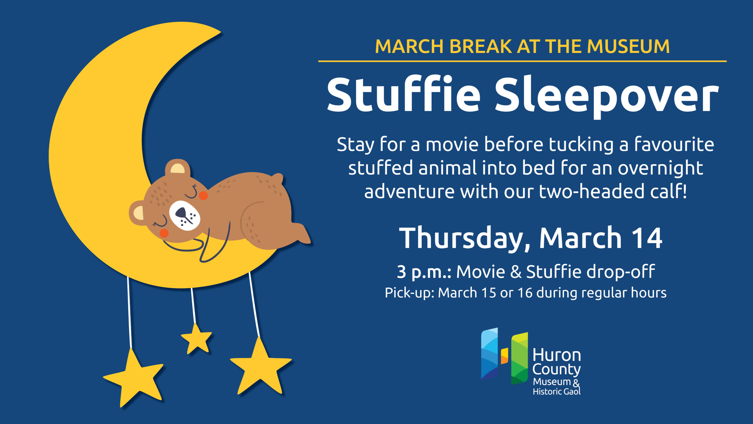 Illustration of a teddy bear sleeping on the moon with text promoting stuffie sleepover at the Museum