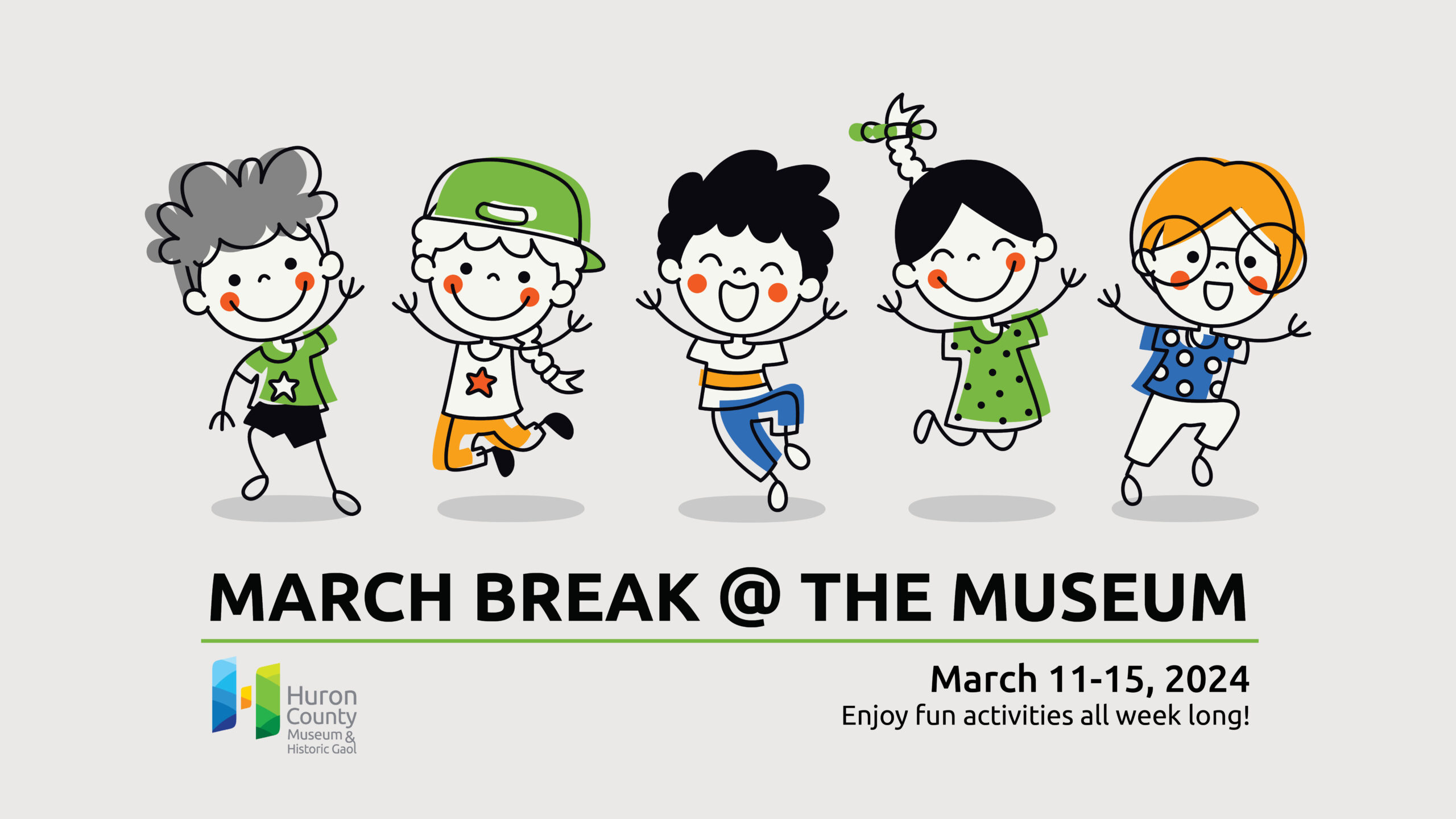Illustration of five kids jumping in the air with text promoting March Break at the Museum