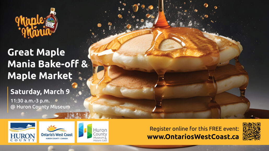 Photo of a stack of pancakes with text promoting maple mania bake off and market at the museum