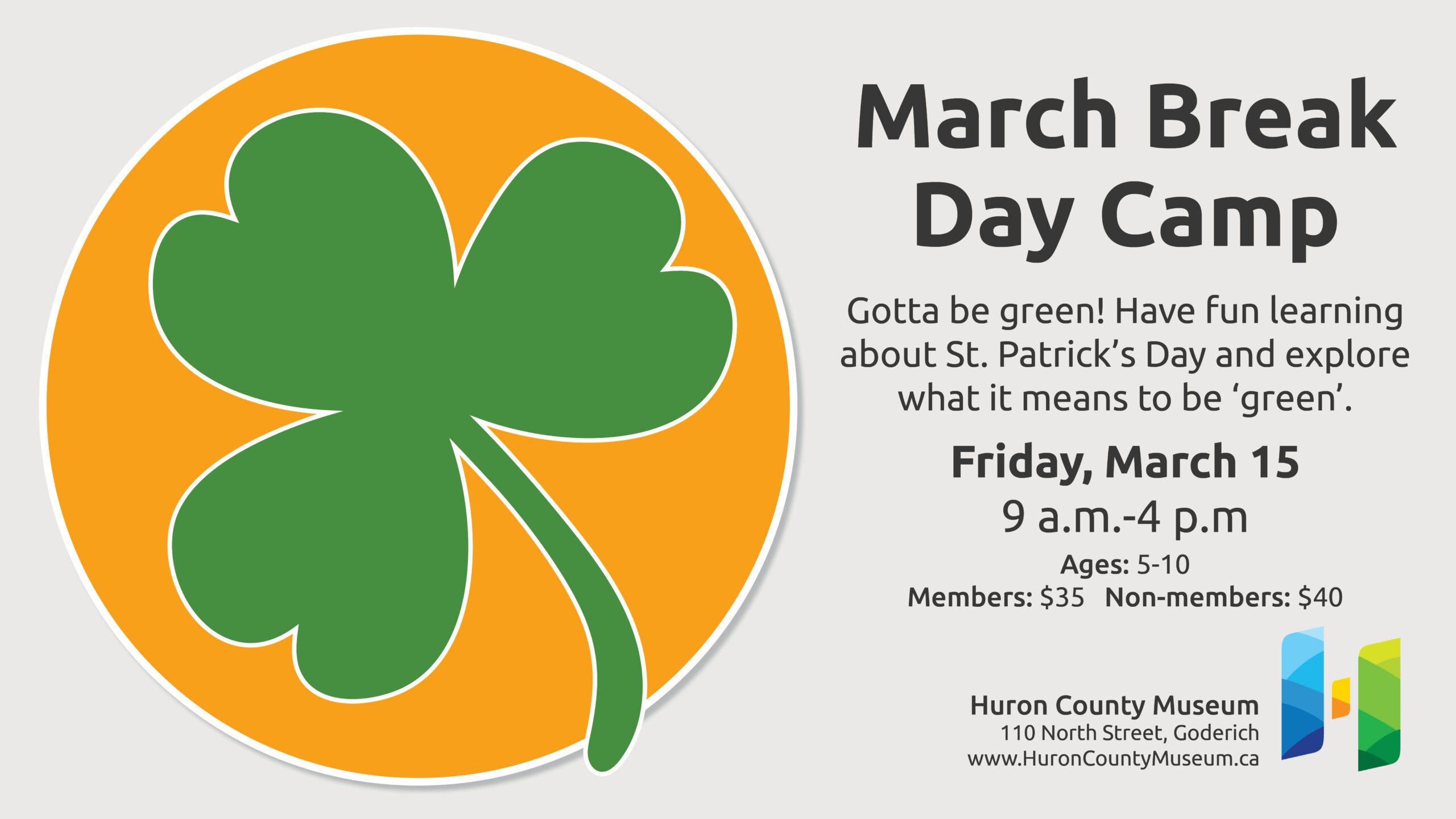 Illustration of a green shamrock with text promoting March Break Day Camp