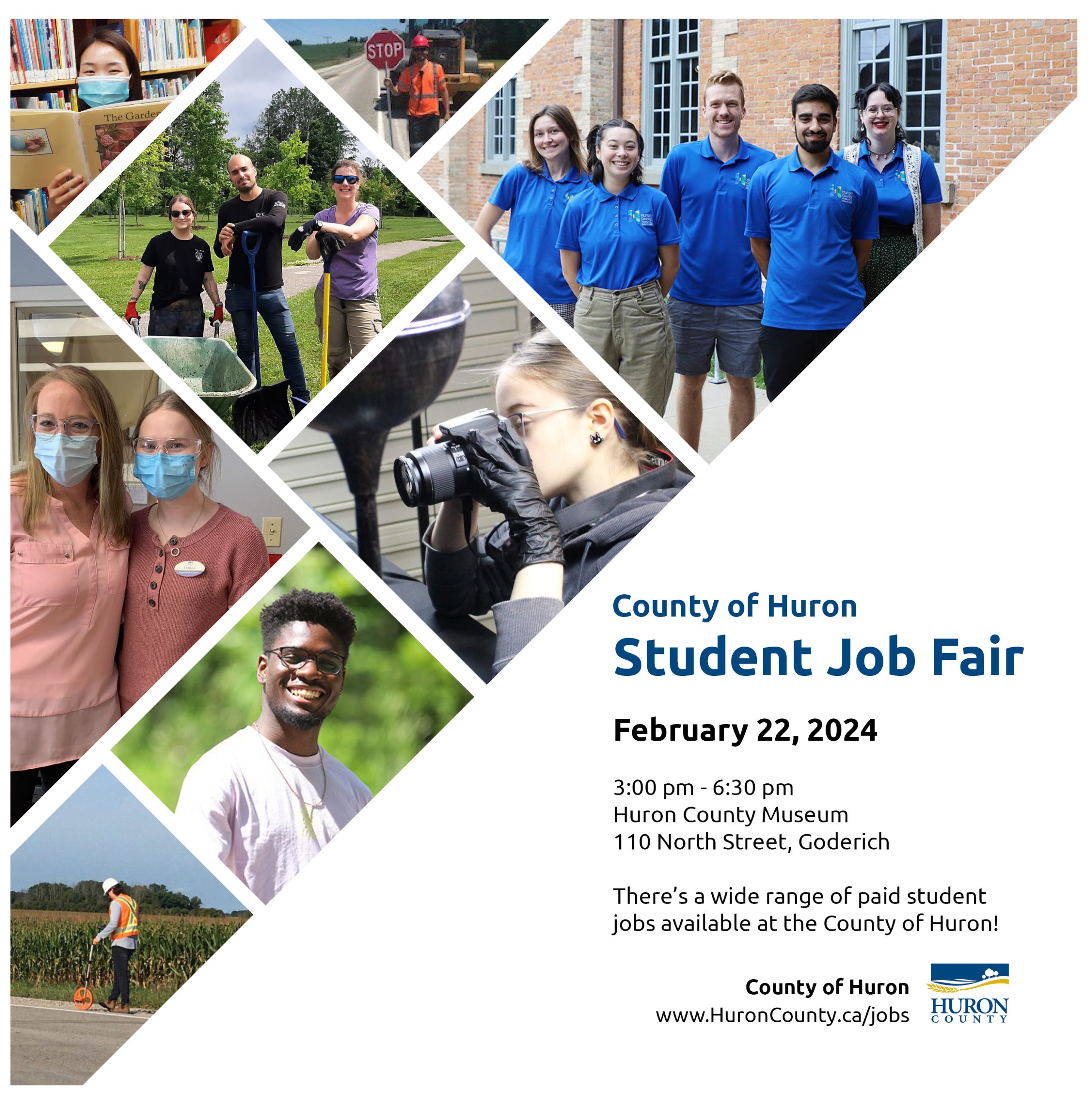 Collection of photos of students working at different County departments with text promoting Student Job Fair at the Museum Feb. 22