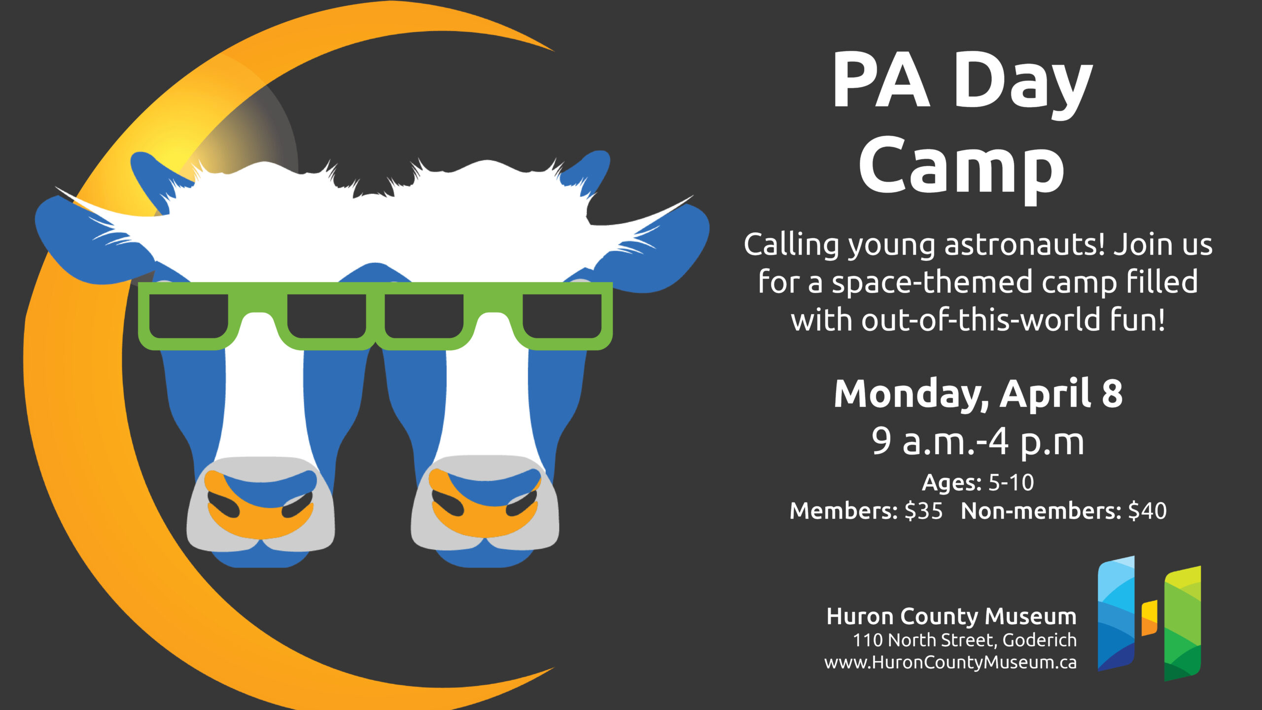 Illustration of a two-headed calf wearing eclipse glasses with solar eclipse behind them. Text promoted PA Day camp at the museum