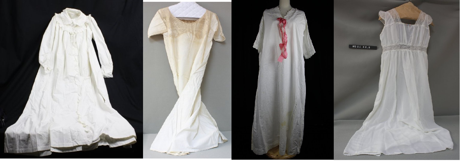 Composite photograph of four white nightgowns of various styles.