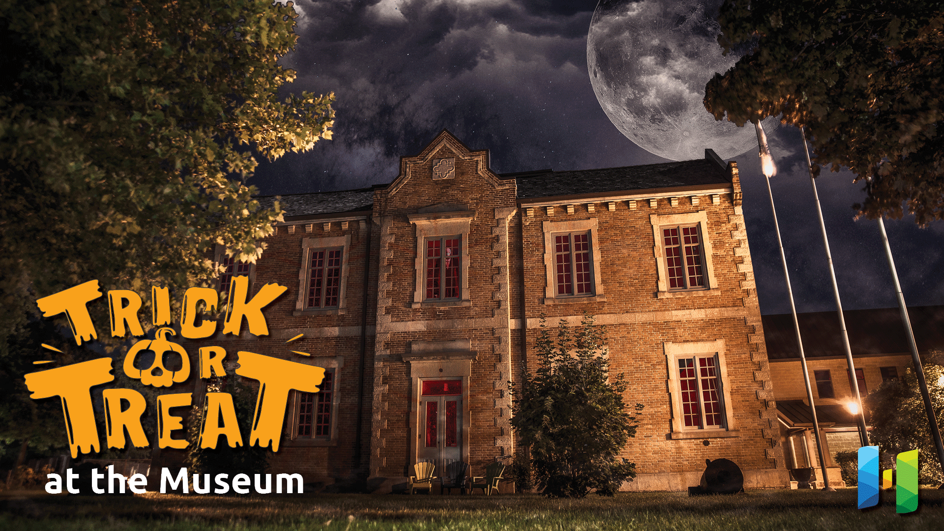 Photoshopped image of the front of the Museum with a large moon in the sky. Text promoted trick or treating at the Museum