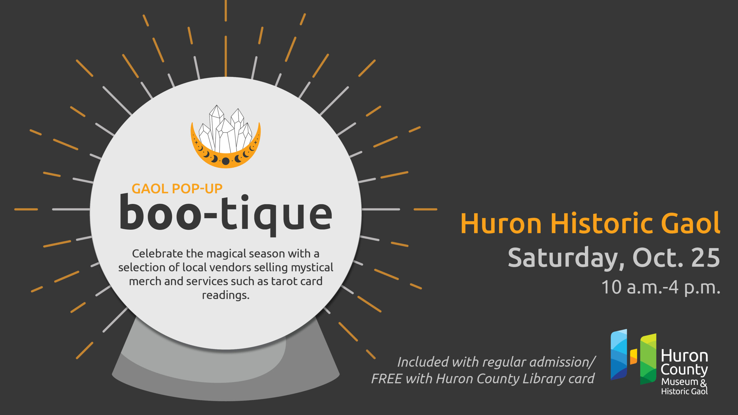 Illustration of a crystal ball with text promoting pop-up boo-tique at the Gaol