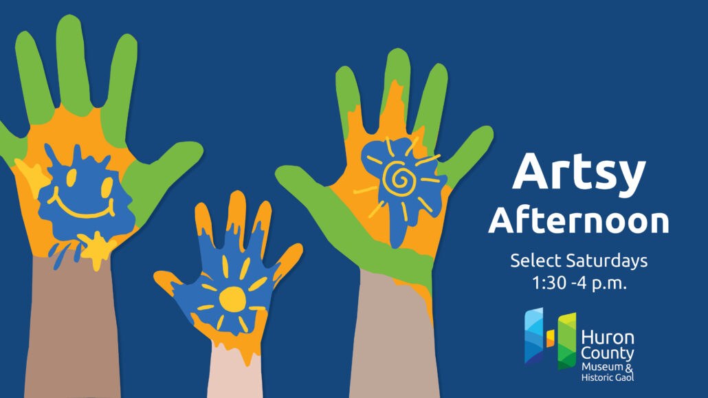 Illustration of three hands covered in paint with text promoting Artsy Afternoon at the Museum