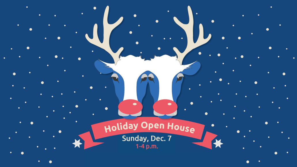 Image of two joined heads of cattle beasts with reindeer antlers and red noses. Background of falling snow on blue.