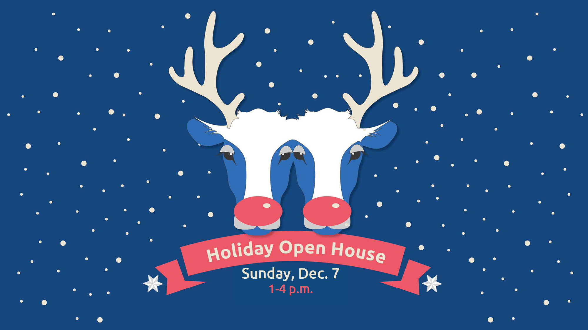 Image of two joined heads of cattle beasts with reindeer antlers and red noses. Background of falling snow on blue.